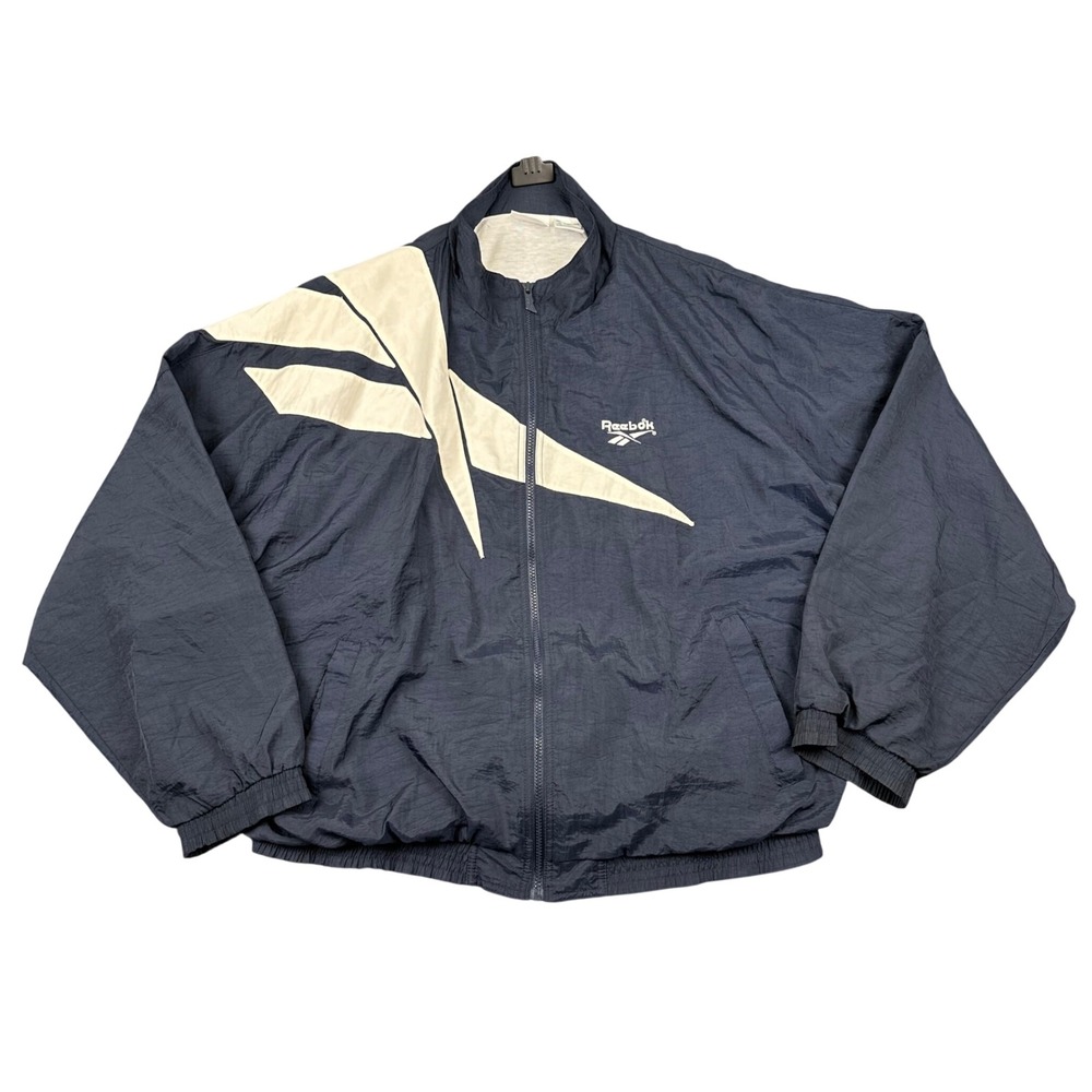 Vintage 90s Reebok Big Logo Jacket Windbreaker Mens XL Nylon Navy Blue Full Zip